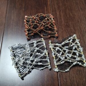 Elegant Beaded Hair Combs Set - Black, Silver, Gold